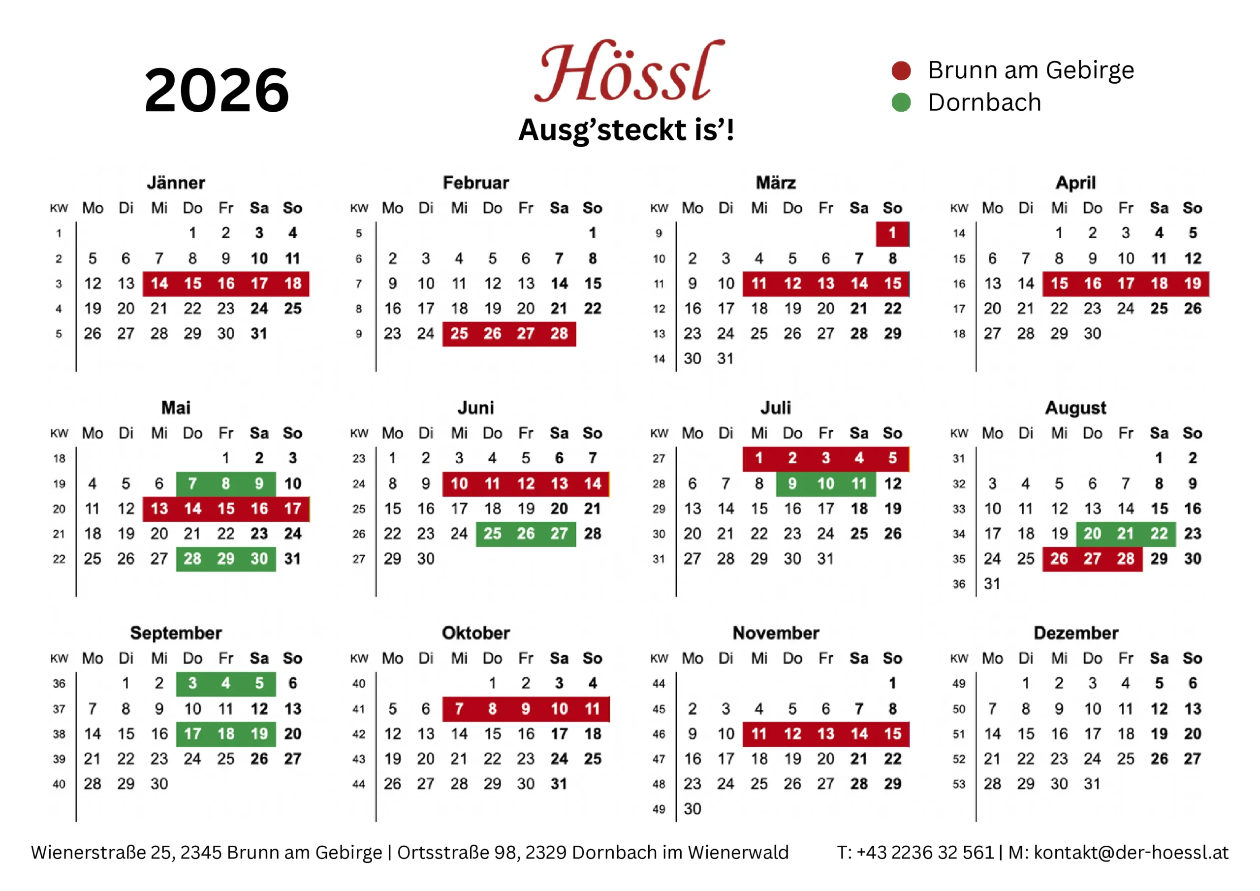 Aussteckkalender 2026 Brunn am Gebirge